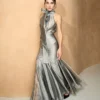 Silver High-Neck Bow Mermaid Gown