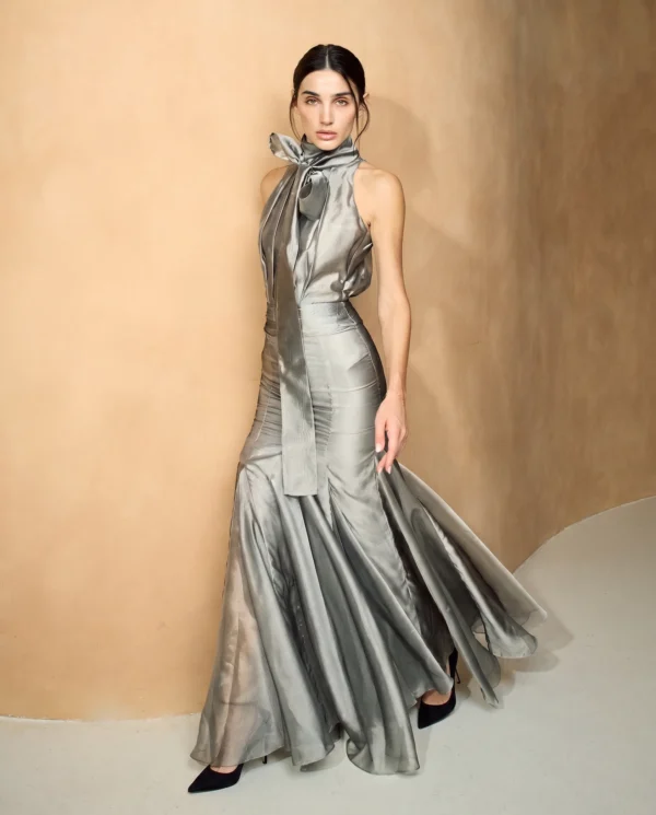 Silver High-Neck Bow Mermaid Gown