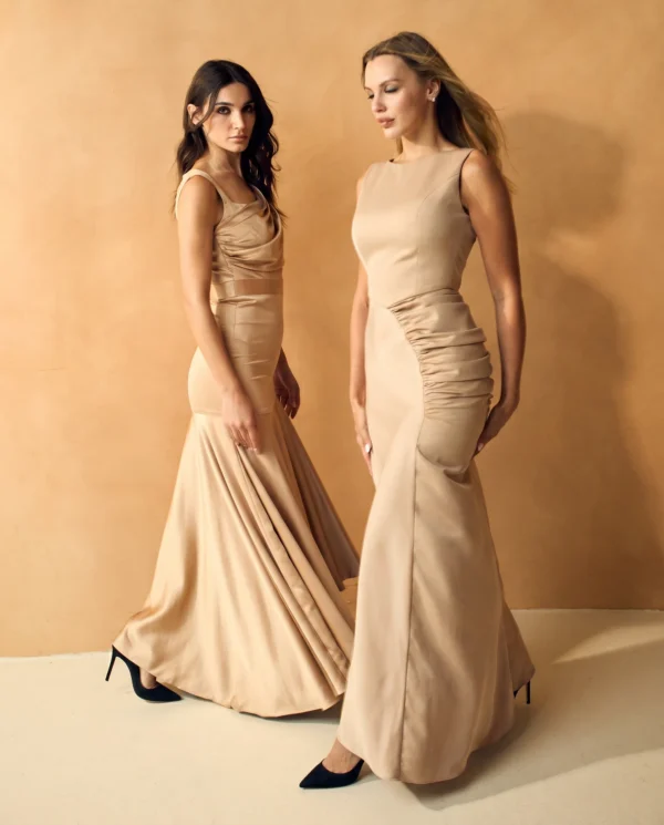 Design 2 & Design 4 Champagne Ruched Cape Sleeve Dress