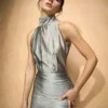 Silver High-Neck Bow Mermaid Gown