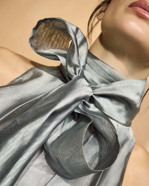 Silver High-Neck Bow Mermaid Gown