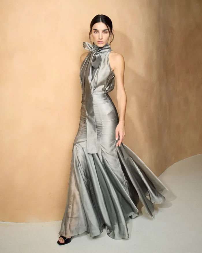 NOUF ABAYA NOV 2ND1735 Silver High-Neck Bow Mermaid Gown