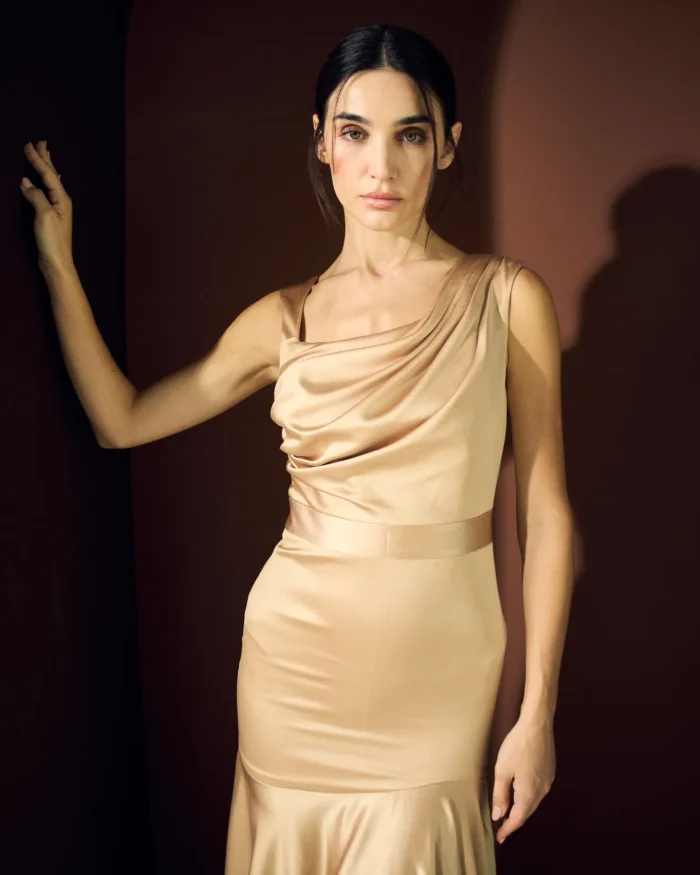 NOUF ABAYA NOV 2ND1854 Champagne One-Shoulder Draped Dress