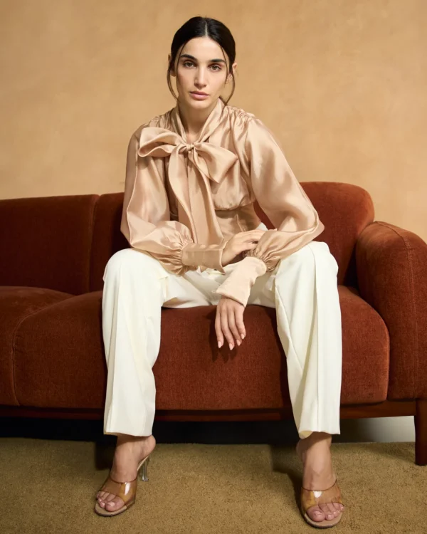 NOUF ABAYA NOV 2ND2088 Nude Tie-Neck Bodysuit Blouse