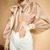 NOUF ABAYA NOV 2ND2122 Nude Tie-Neck Bodysuit Blouse