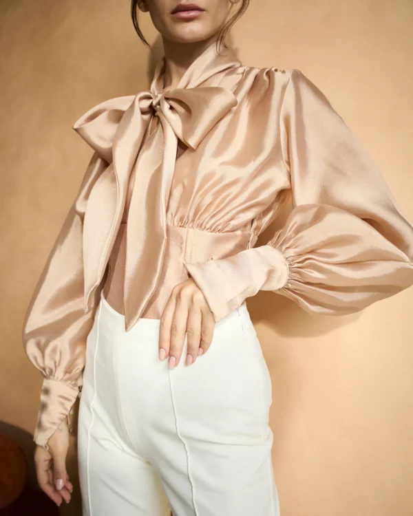 NOUF ABAYA NOV 2ND2122 Nude Tie-Neck Bodysuit Blouse