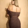 NOUF ABAYA NOV 2ND2277 Chocolate Off-Shoulder Ruched Bodysuit