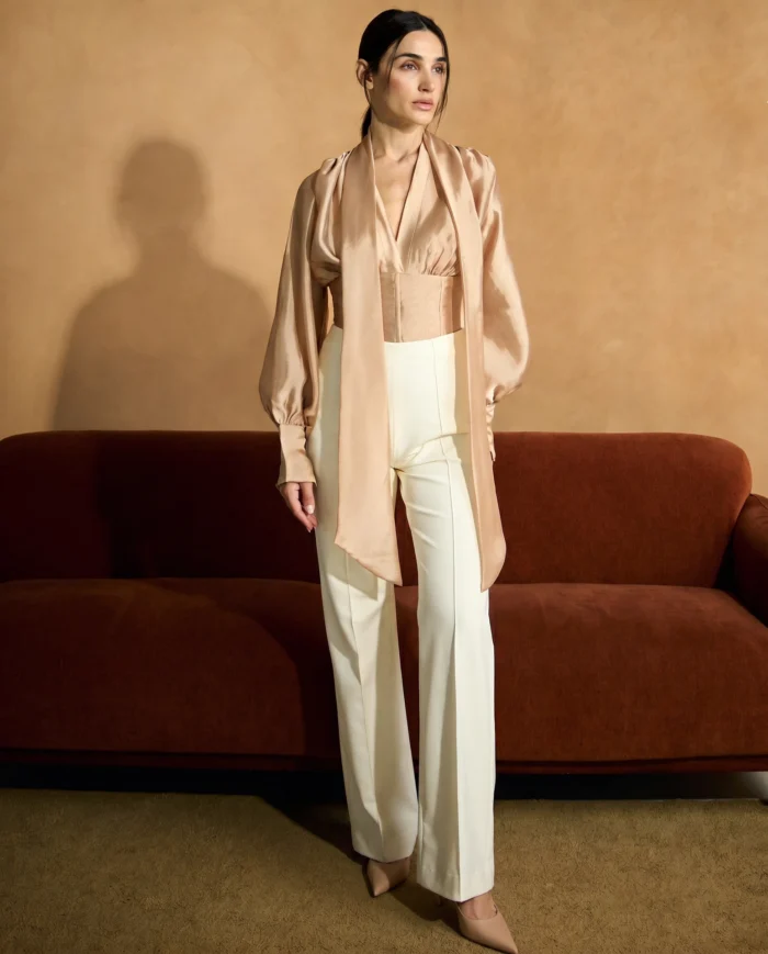 Nude Tie-Neck Bodysuit Blouse