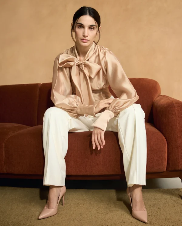 Nude Tie-Neck Bodysuit Blouse